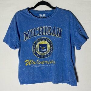 University Of Michigan Blue Yellow Graphic Cropped Oversized Baby Tee T Shirt M
